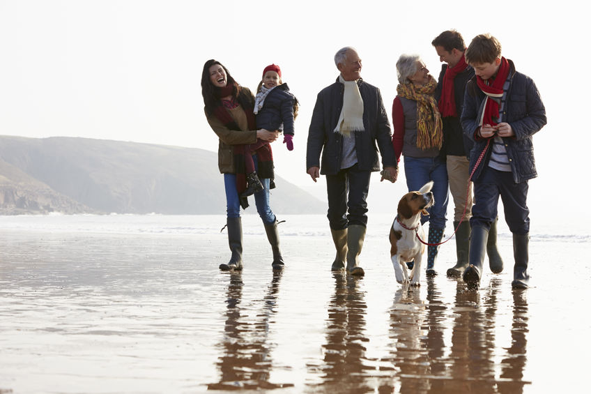Multi Generation Family Walking On Winter Beach With Dog Multi Generation Family Walking On Winter Beach With Dog